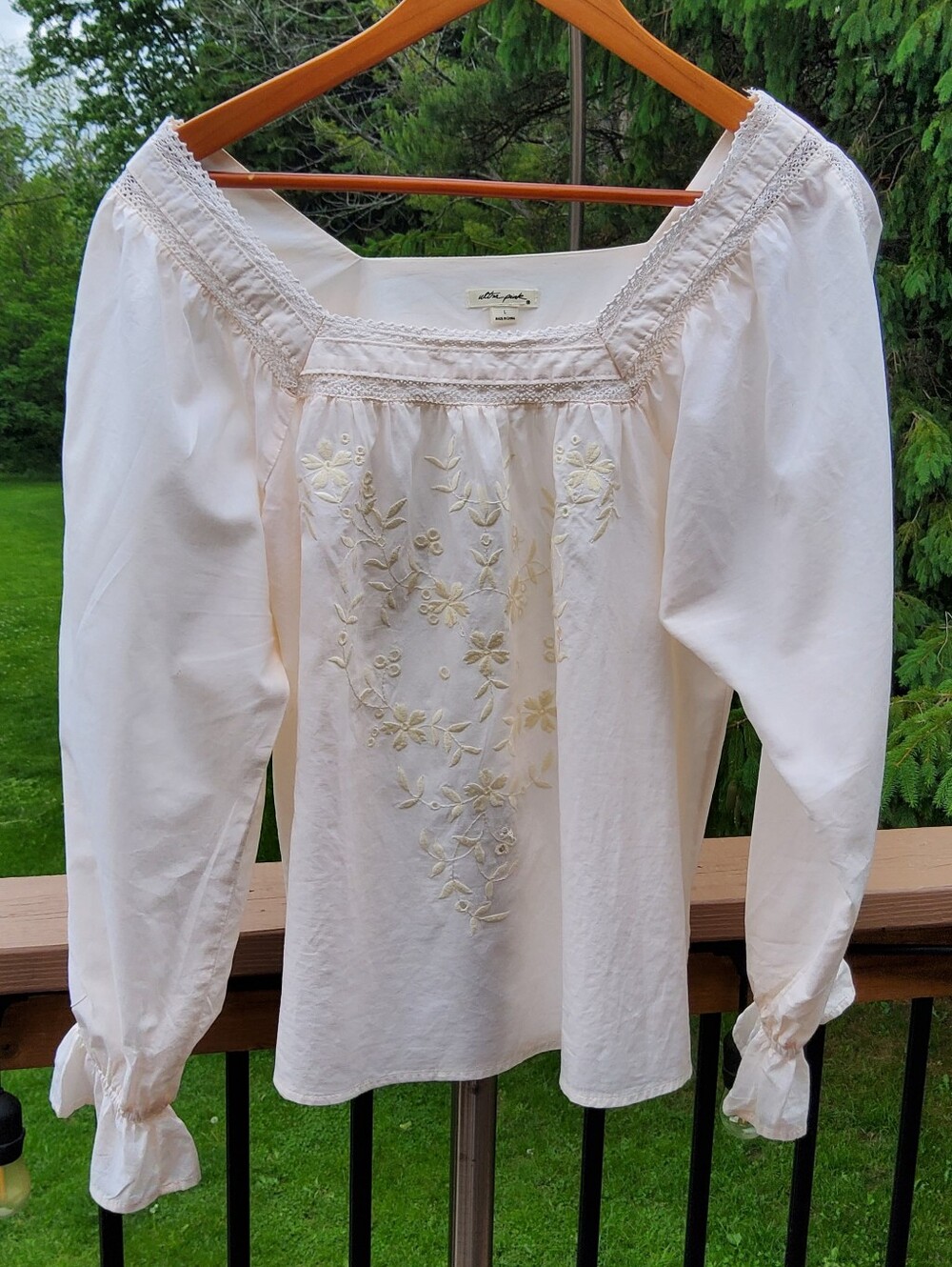 Ultra Pink Cream Peasant Blouse with Floral Embroidery